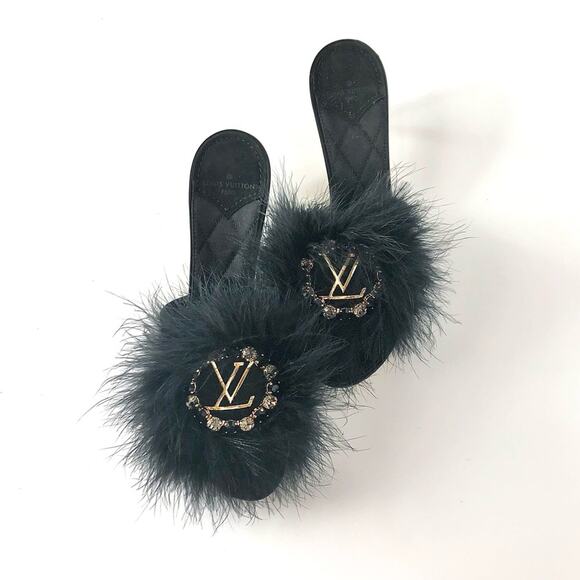 NEW Louis Vuitton Marabou Crystal LV Marilyn Kitten Heel Mule Slip On Sandals 36 - Picture 2 of 7